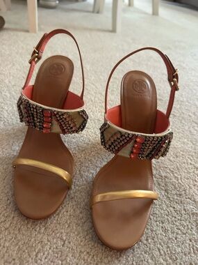 Tory Burch Coral, Gold & Tan Beaded Slingback Heels